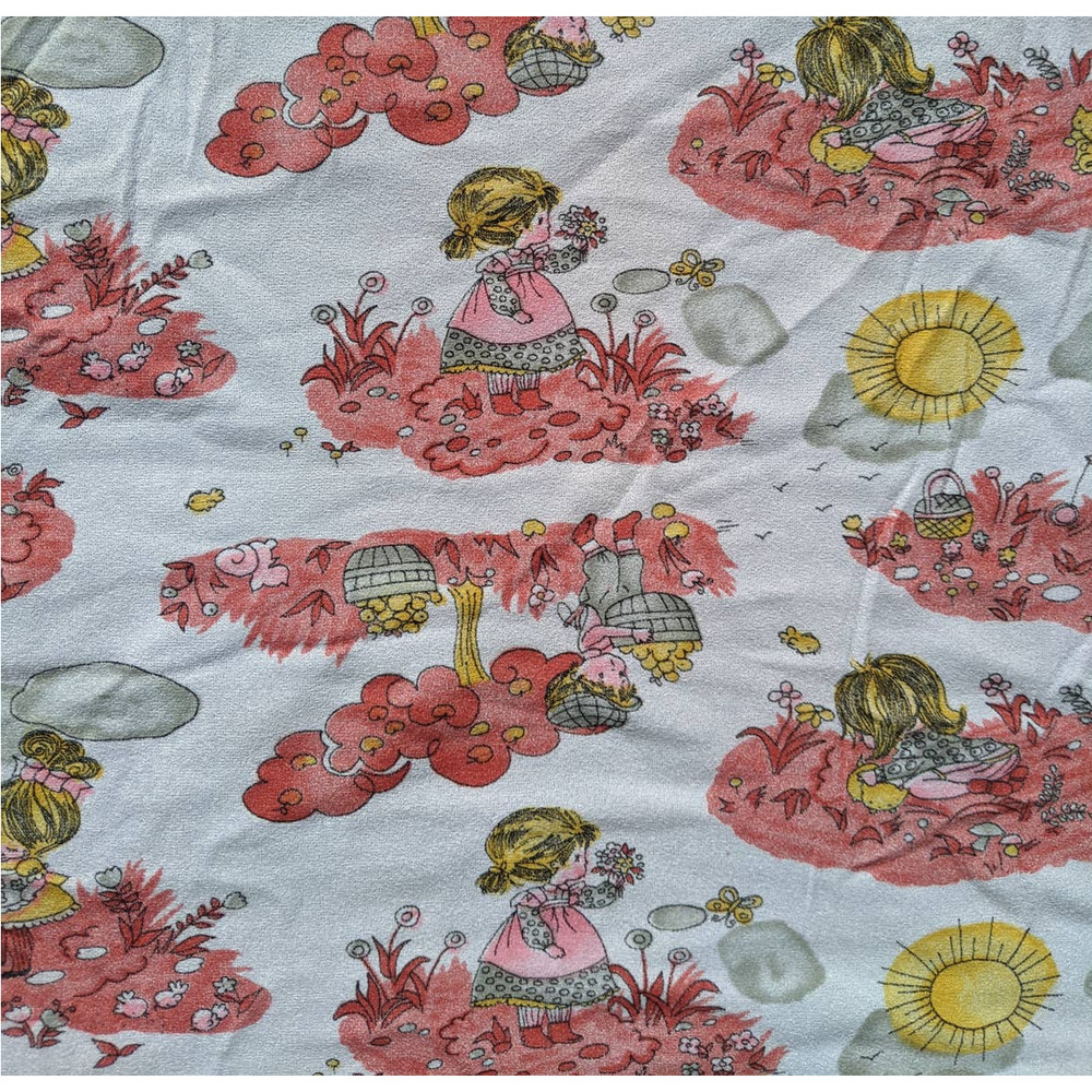 Vintage 1960's-70's Holly Hobby Inspired Novelty Print‎ Synthetic Blend Fabric